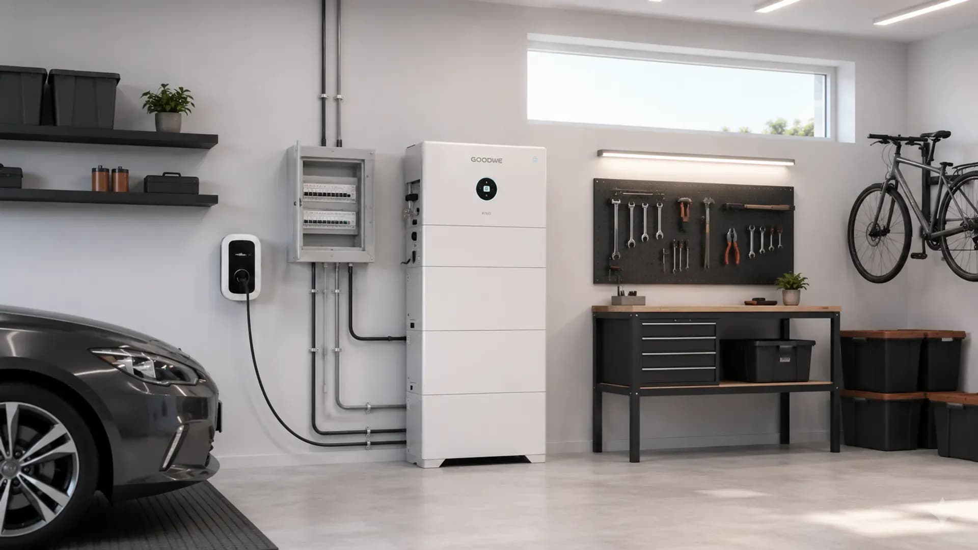 Inversor híbrido y batería de litio instalados en garaje con cargador de vehículo eléctrico